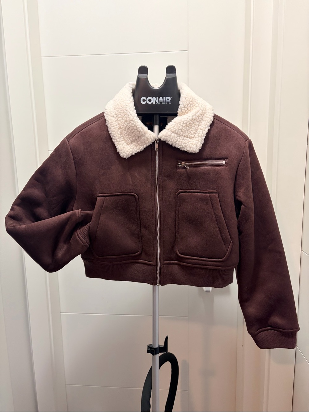 Women's Cropped Faux-Shearling Collar Bomber Jacket - Brown